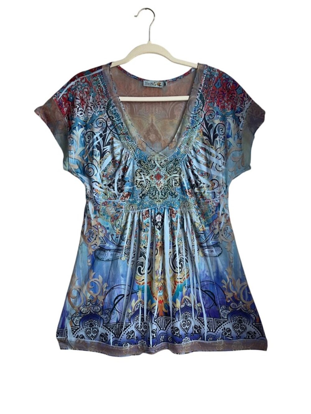 Unity World Wear Med Y2K Boho Babydoll Mesh Blouse Rhinestone Studs Fairy